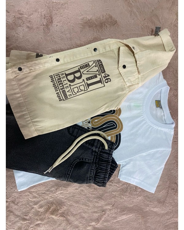 Erkek Çocuk Keten Gömlekli İçi T-Shirt Takım - Bej
