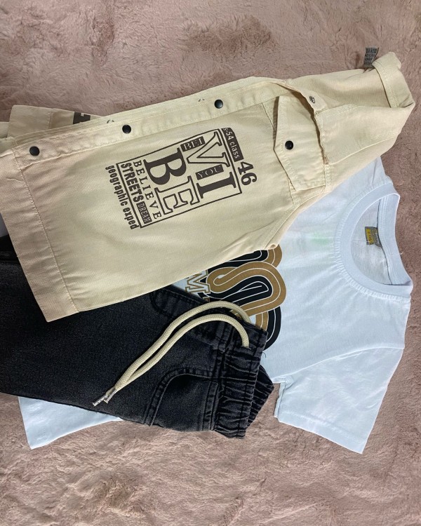 Erkek Çocuk Keten Gömlekli İçi T-Shirt Takım - Bej