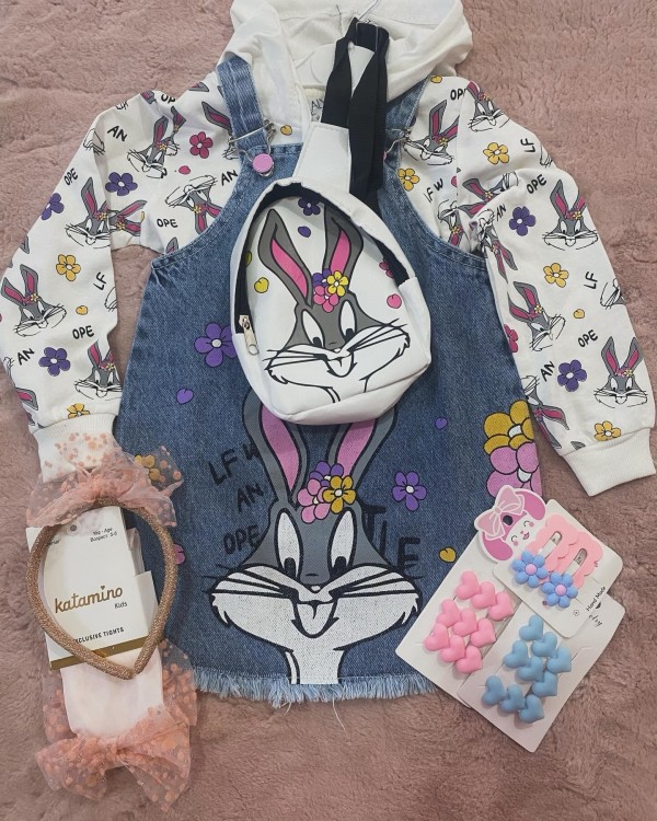 Bugs Bunny Desenli Çocuk Kot Salopet Çanta ve Sweat Takımı